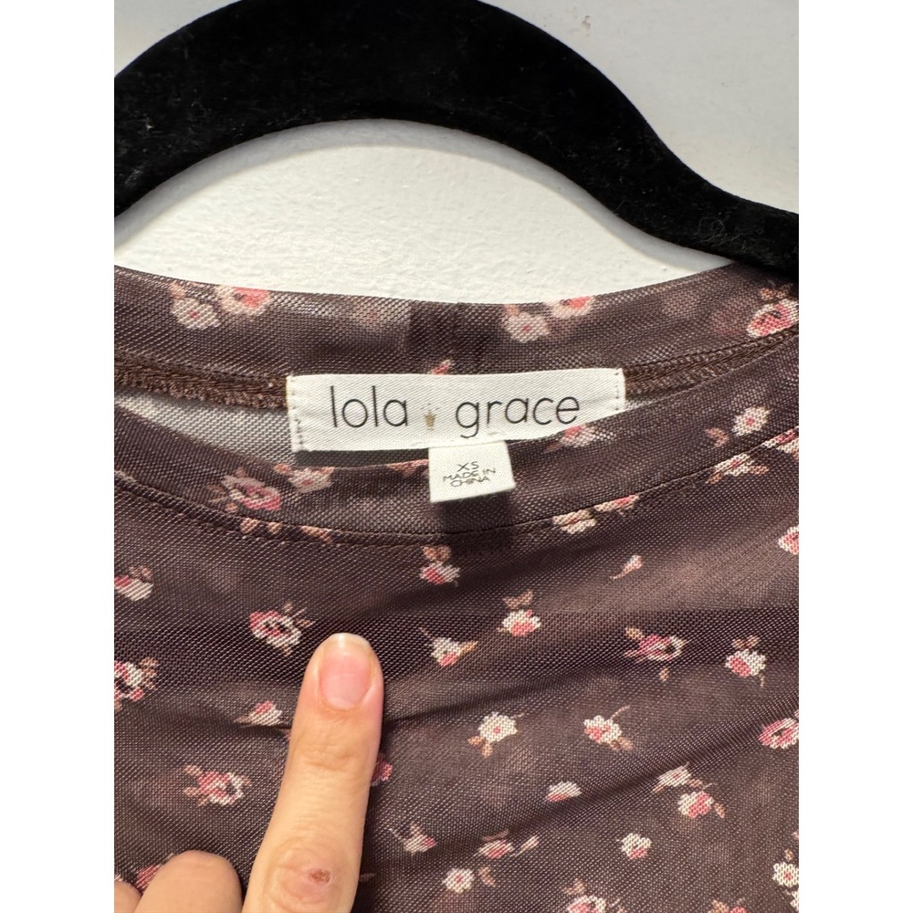 Lola Grace Womens Brown Pink Floral Mesh Ruched Short Sleeve Top XS NWT - Picture 2 of 3